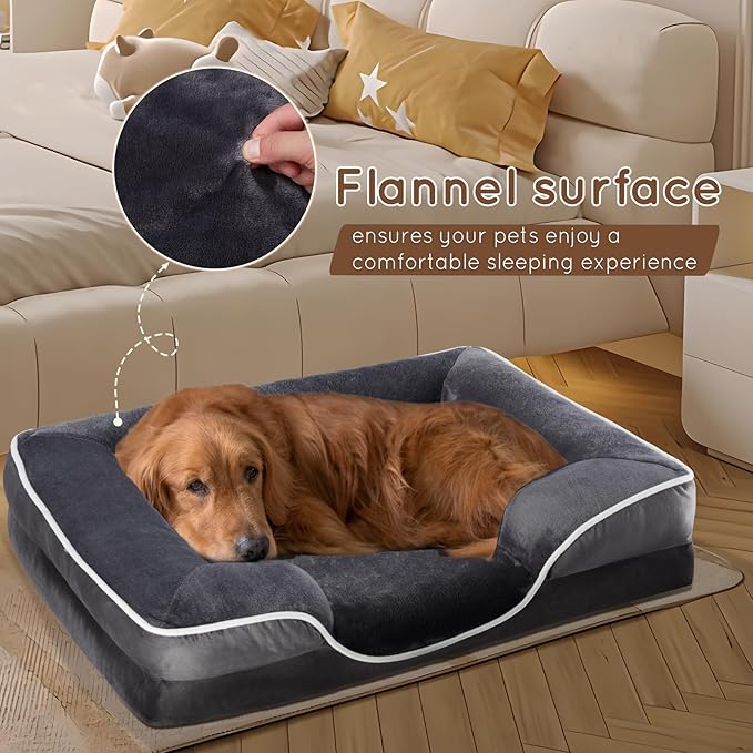35'' Orthopedic Dog Bed For Large Dog, Memory Foam Dog Bed, Egg Crate Foam Dog Couch Bed With Washable Removable Cover, Grey Grey Faux Fur
