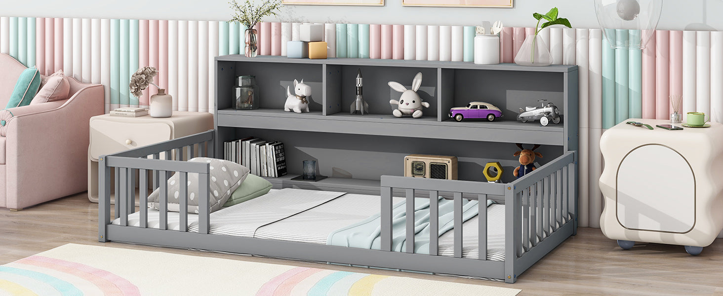 Twin Floor Bed With Bedside Bookcase,Shelves,Guardrails,Grey Twin Grey Bedroom American Design Pine