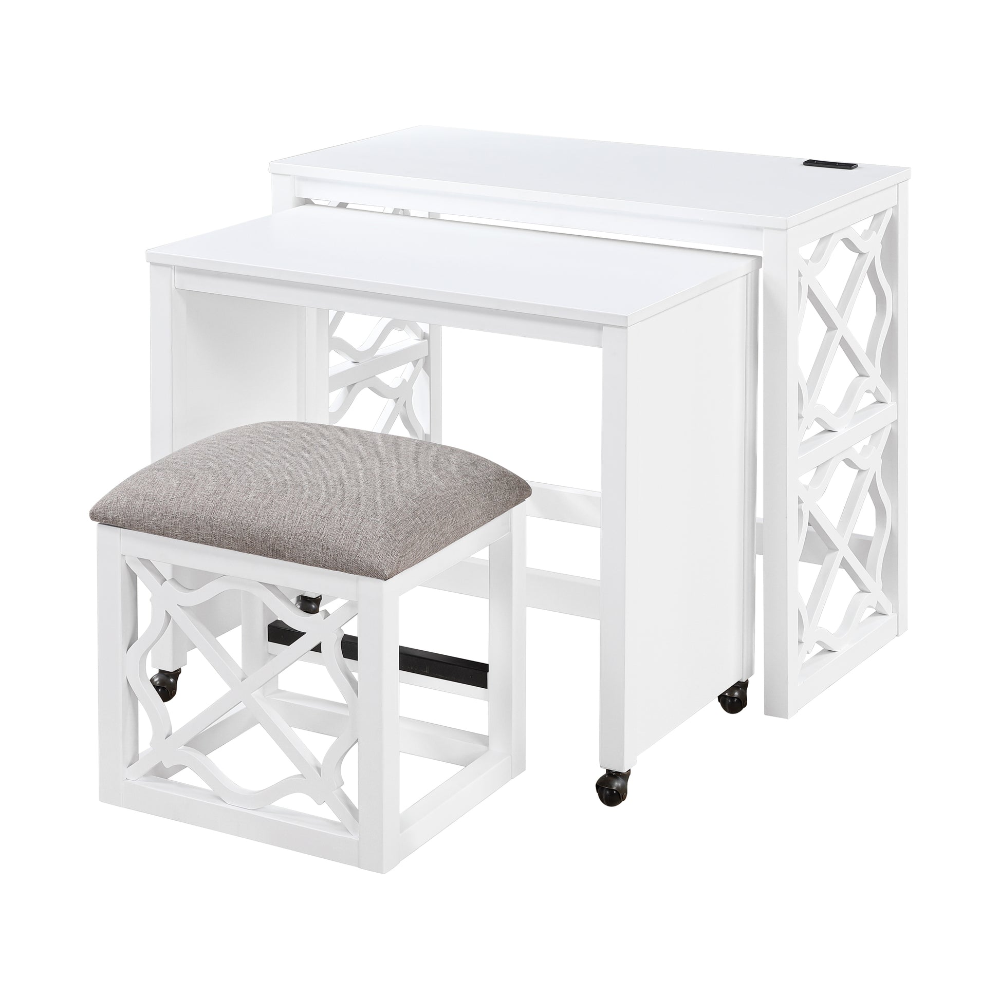 Desks And Stool Set 3Pc White Finish Rolling Desk With Casters, 2 Charging Ports Home Office Furniture White Computer Desk Primary Living Space Contemporary Desk Rectangular Wood