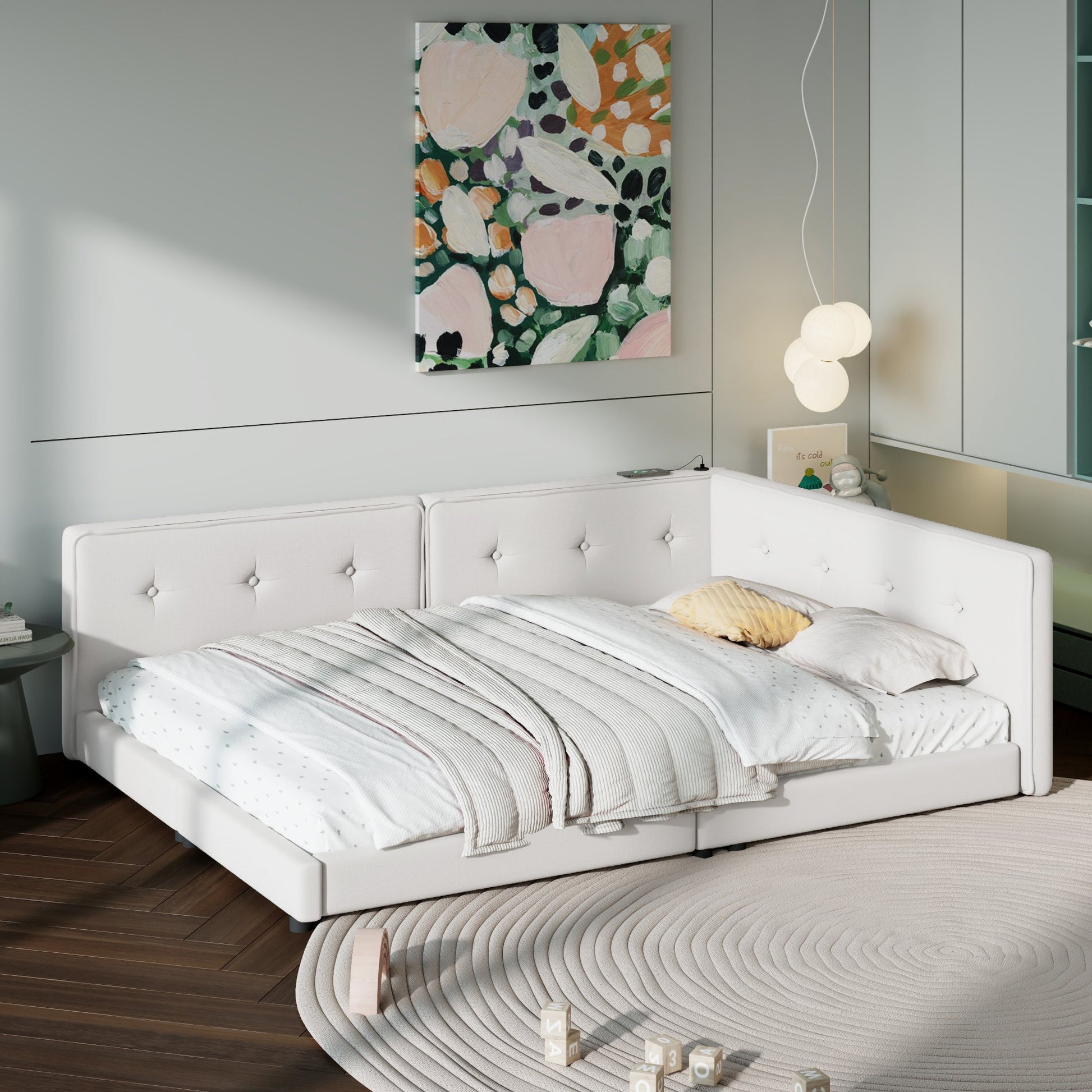 Upholstered Full Size Platform Bed With Usb Ports, Beige Full Beige Linen