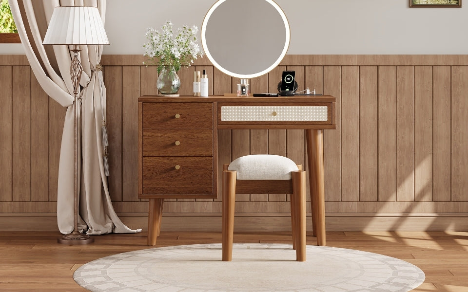 39" Retro Bohemian Style Wooden Makeup Vanity Set With Charging Plug&Usb Port And Stool, Dressing Table With 3 Storage Drawers And 1 Rectangular Rattan Drawer, Walnut Walnut 4 Drawers Wood