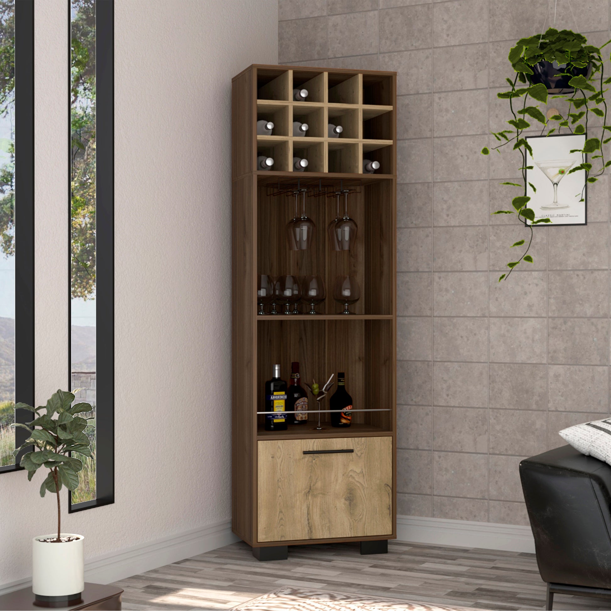 Marsella Corner Bar Cabinet, Eight Built In Wine Rack, Two Side Shelves Mahogany Macadamia Light Oak Dining Room Modern Shelves Included Particle Board