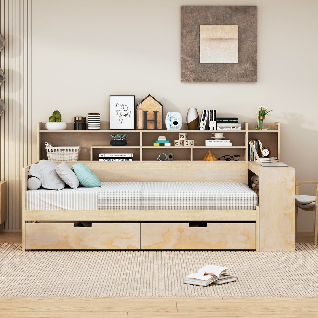 Wooden Twin Size Daybed With Storage Shelves, Multi Functional Bed With Two Storage Drawers And Study Desk, Natural Twin Natural Wood