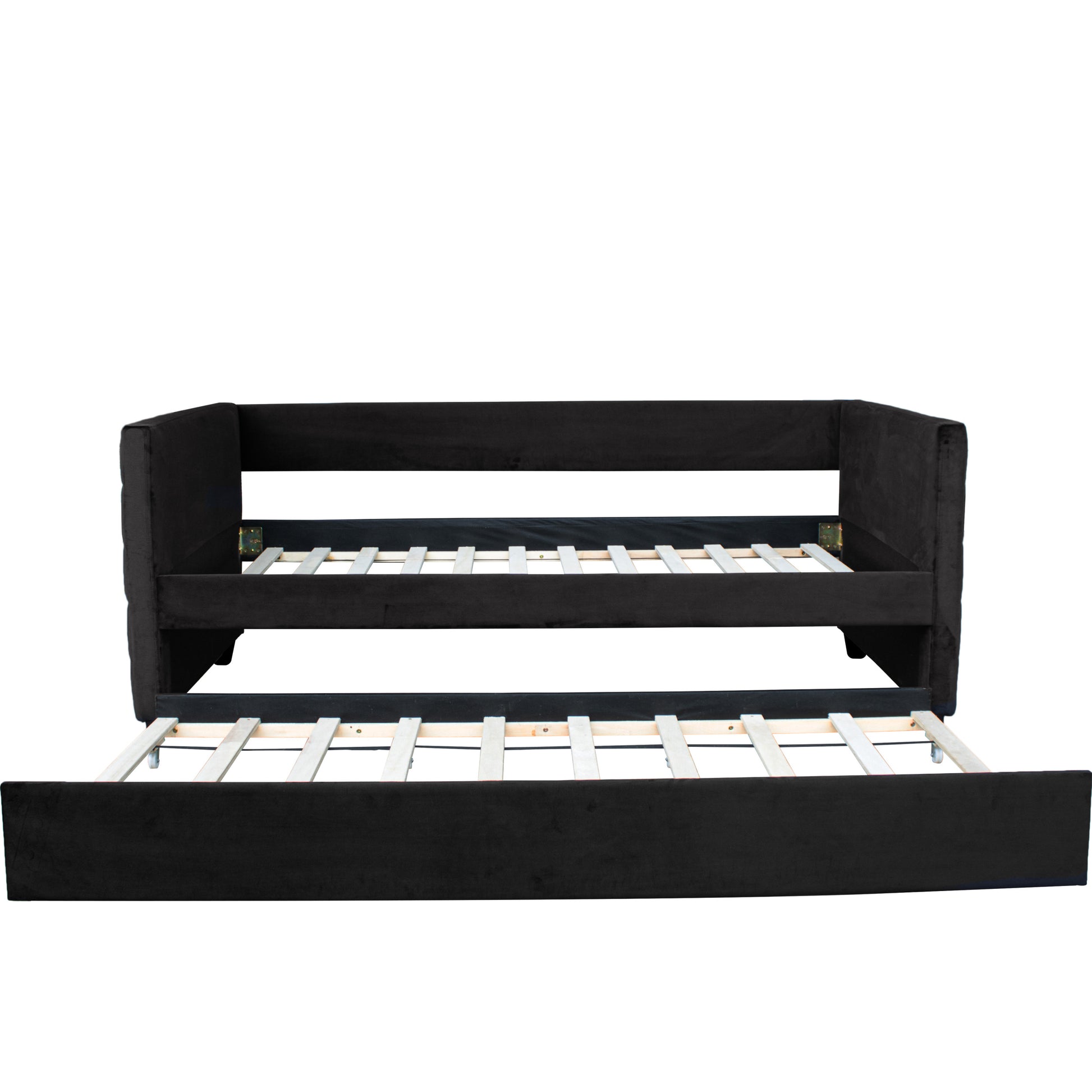 Black Upholstered Twin Size Daybed With Trundle, Velvet Fabric, Gold Iron Bar Design, No Springs Required, Moderen Style Box Spring Not Required Twin Black Wood Espresso Bedroom Minimalist,Modern,Ultra Modern Rubberwood Fiber Foam And Polyester Fiber Pad
