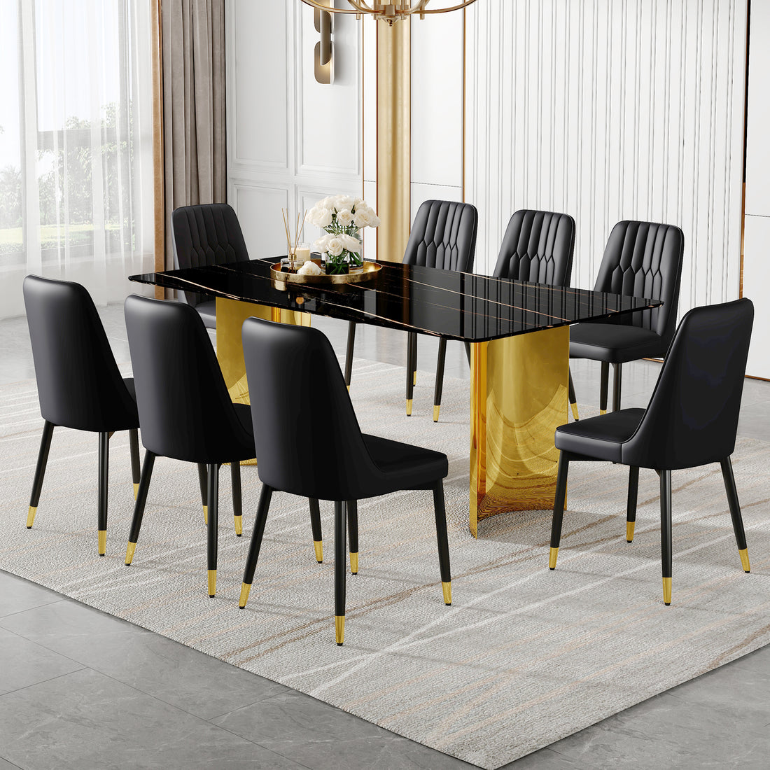 Table And Chair Set.The Table Has A Glass Top With Imitation Marble Pattern Stickers And Stainless Steel Golden Legs. Paried With Chairs With Pu Artificial Leather Backrest Cushions And Black Legs. Black Gold Seats 8 Glass Metal