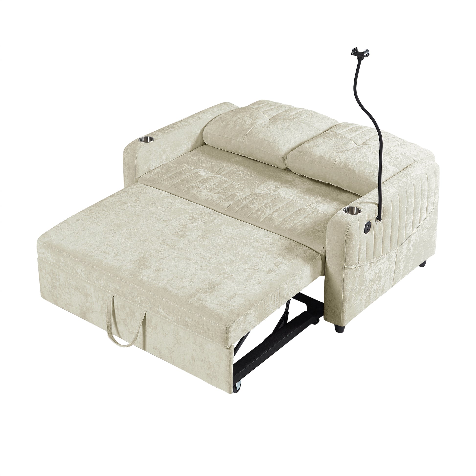 53.9" Modern Loveseat Pull Out Sofa Bed With Adjustable Backrest, Two Cup Holdersa Phone Holder, Three Charging Ports And Side Storage Pockets For Living Room, Beige Beige Foam Chenille