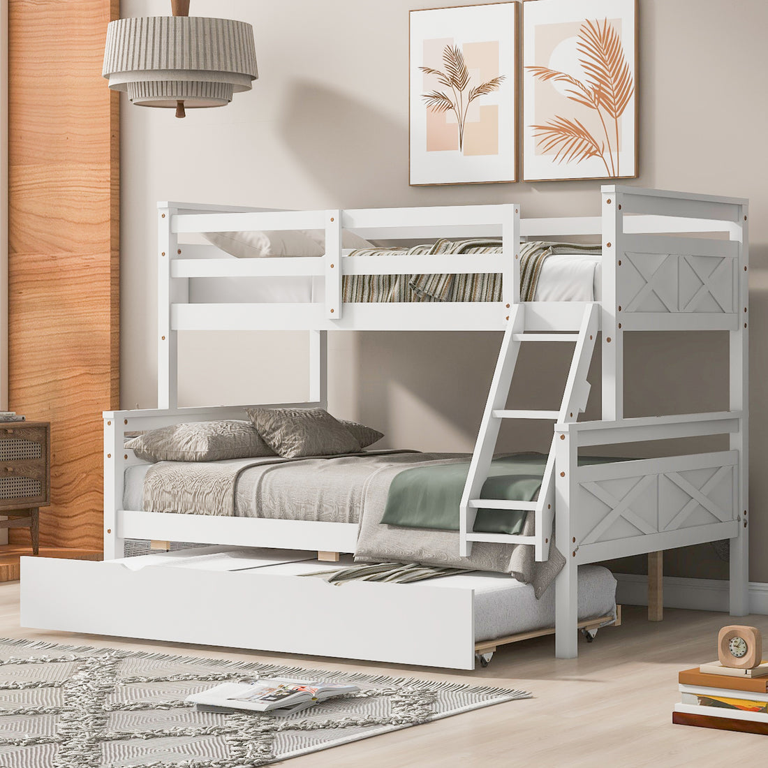 Twin Over Full Bunk Bed With Ladder, Twin Size Trundle, Safety Guardrail, White Box Spring Not Required Twin White Wood Bedroom Bunk Pine