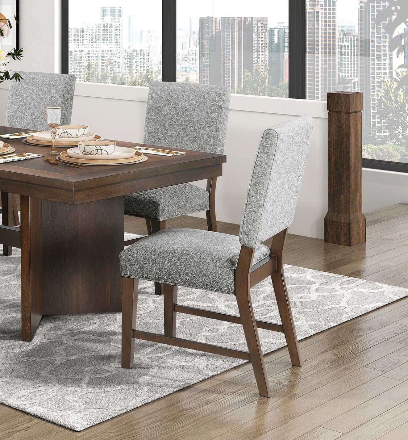 Walnut Finish Modern Dining Set 6Pc Table With Self Storing Extension Leaf Bench 4X Chairs Upholstered Wooden Furniture Wood Wood Walnut Seats 6 Wood Dining Room Self Storing Leaf Extendable Trestle