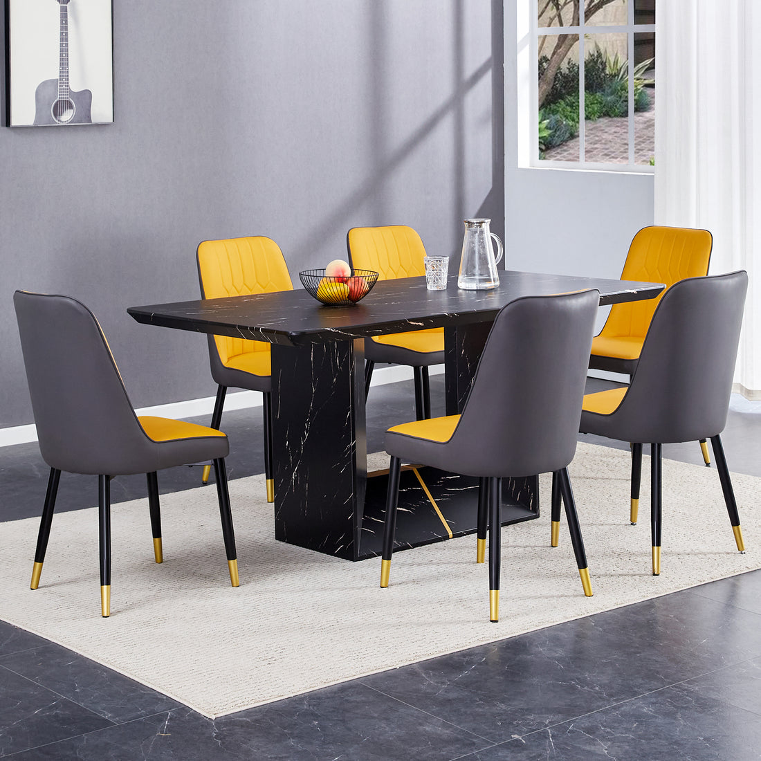 Table And Chair Set.This Modern Dining Table With Mdf Marbled Design Gives You A Luxurious And Elegant Feel.Paired With Multiple Chairs With Pu Artificial Leather Backrest Cushions And Black Legs.