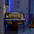 Single Metal Loft Bed With Rectangular Desk, Led Lights, Led Loft Bed Frame Double Bed With Storage Shelves And Hanging Storage Compartments, Safety Guard And Ladder, No Box Springs Required, Rattan G Twin Black Natural Mdf Iron