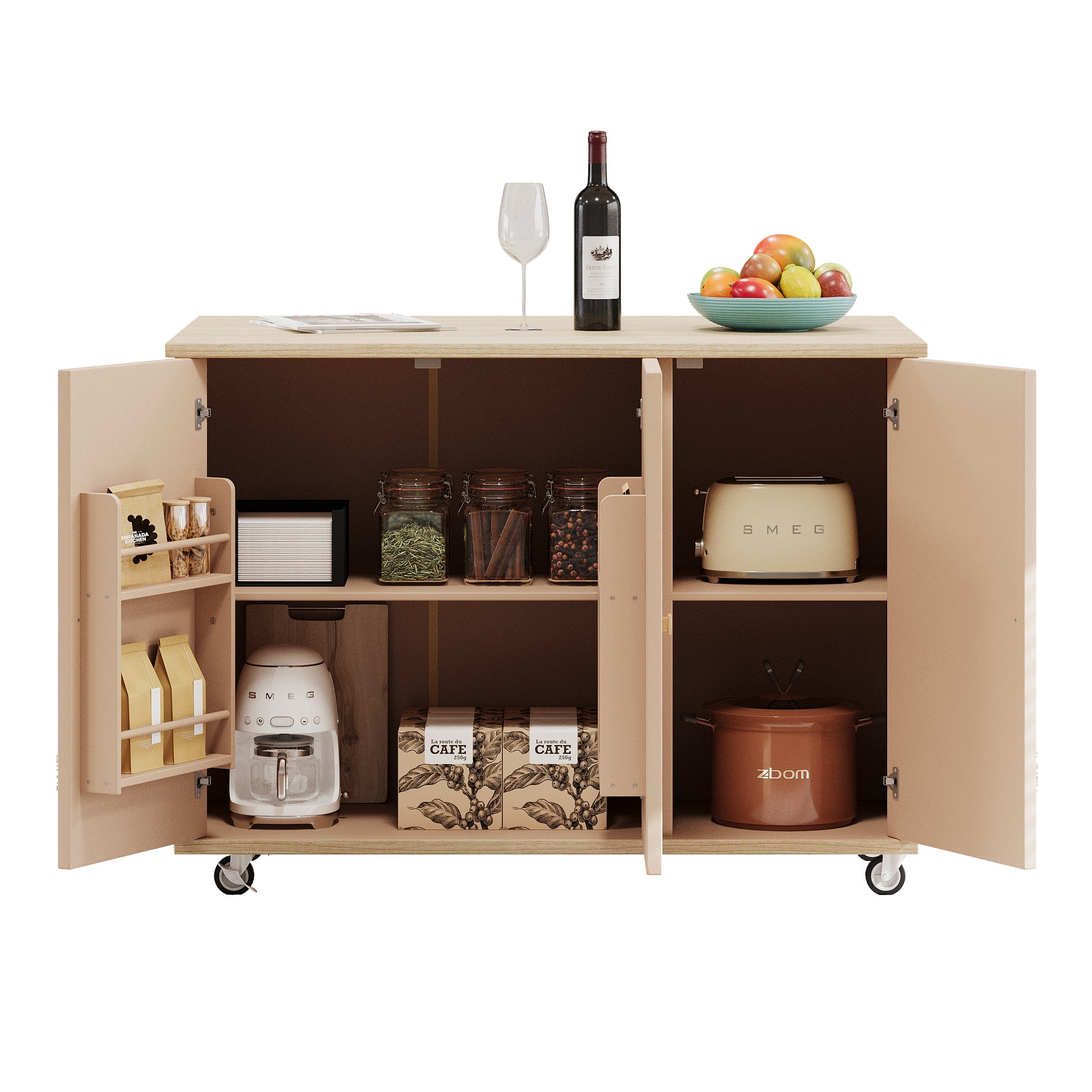 K&K 51.2"W Ash Veneer Not Cheap Paper Solid Wood Handwoven Kitchen Island With Drop Leaf, Coastal Kitchen Island On Wheels With Internal Storage Rack, Rolling Kitchen Cart, Nature Wood Natural Wood