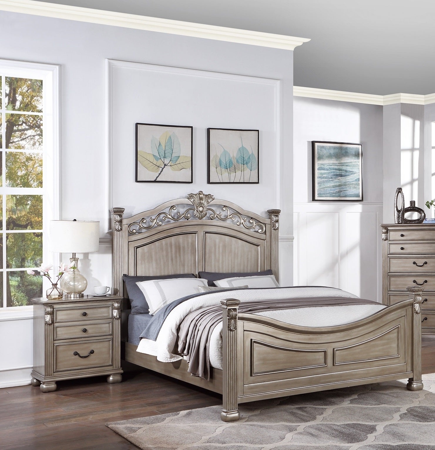 Formal Traditional Antique Silver 1Pc California King Size Bed Unique Design Headboard Footboard Bedframe Box Spring Required California King Antique Silver Wood Bedroom American Traditional,Classic,Contemporary,Luxury,Traditional Pine Bed Frame Plywood