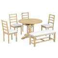 Farmhouse 6 Piece 60Inch Extendable Pedestal Dining Table Set With 18Inch Removable Leaf, 44Inch Bench And 4 Ladder Back Dining Chairs, Natural Wood Dining Room Solid Wood Rubberwood Oval Dining Table With Bench Wood Wood Natural Ladder Back Seats 6 60