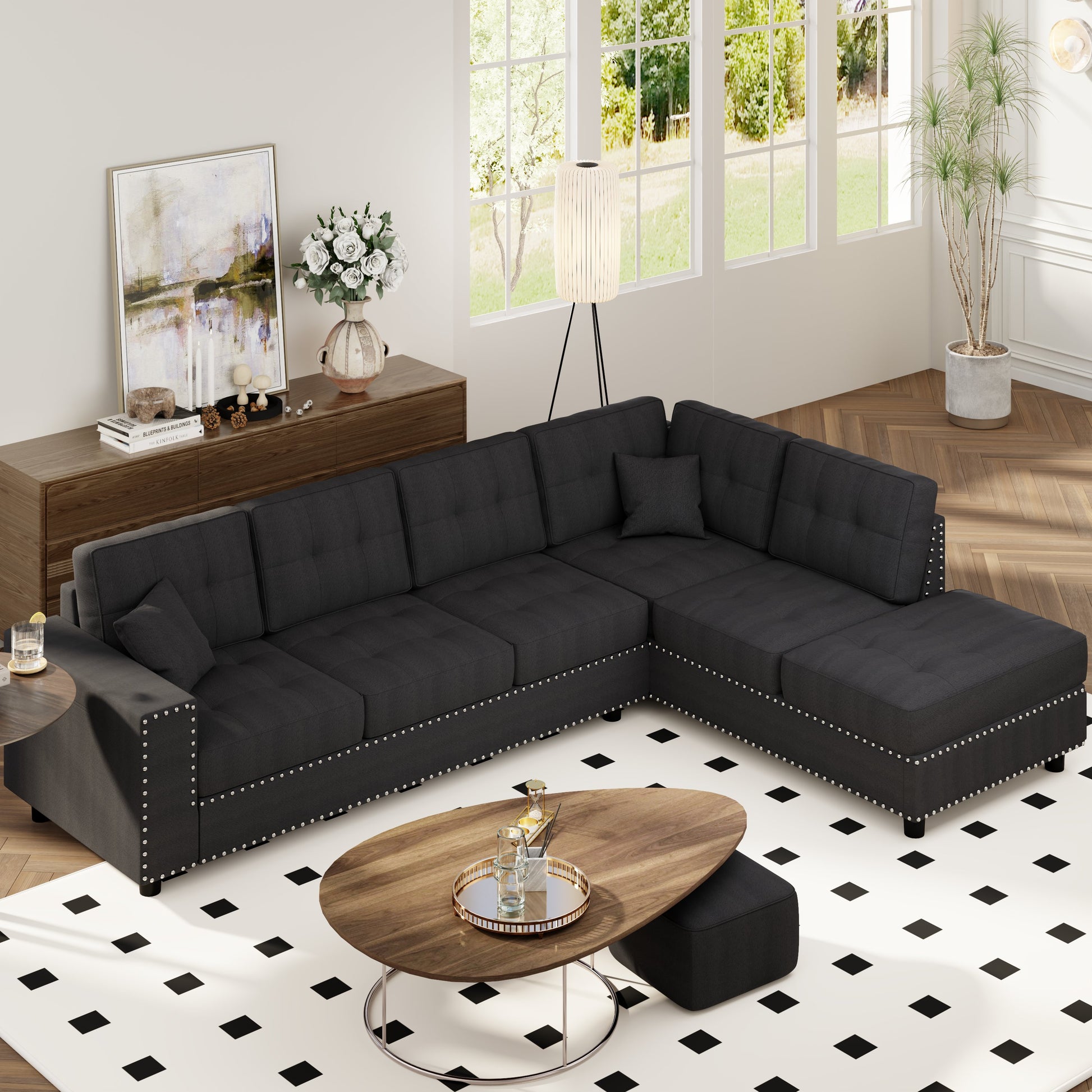 109.2''L Shaped Modular Sectional Sofa With Removable Back Cushions And 2 Pillows, Suitable For Living Rooms, Offices, And Apartments Dark Gray Polyester 5 Seat
