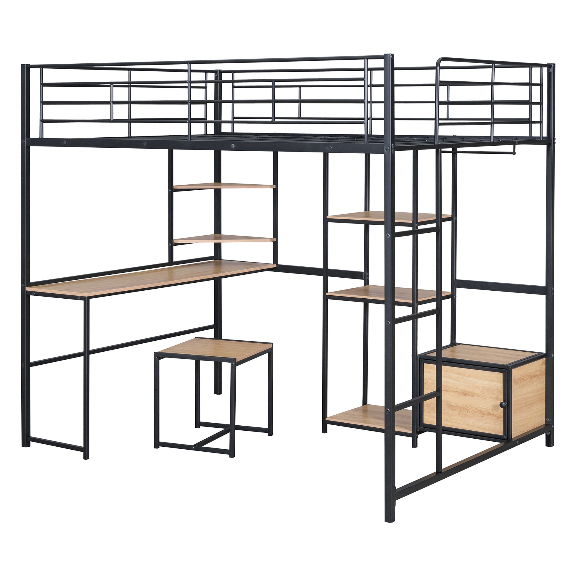 Full Size Loft Bed With Desk And Stool, Metal Loft Bed With Open Style Wardrobe, Shelves And Cabinet, Black Full Black Metal & Wood