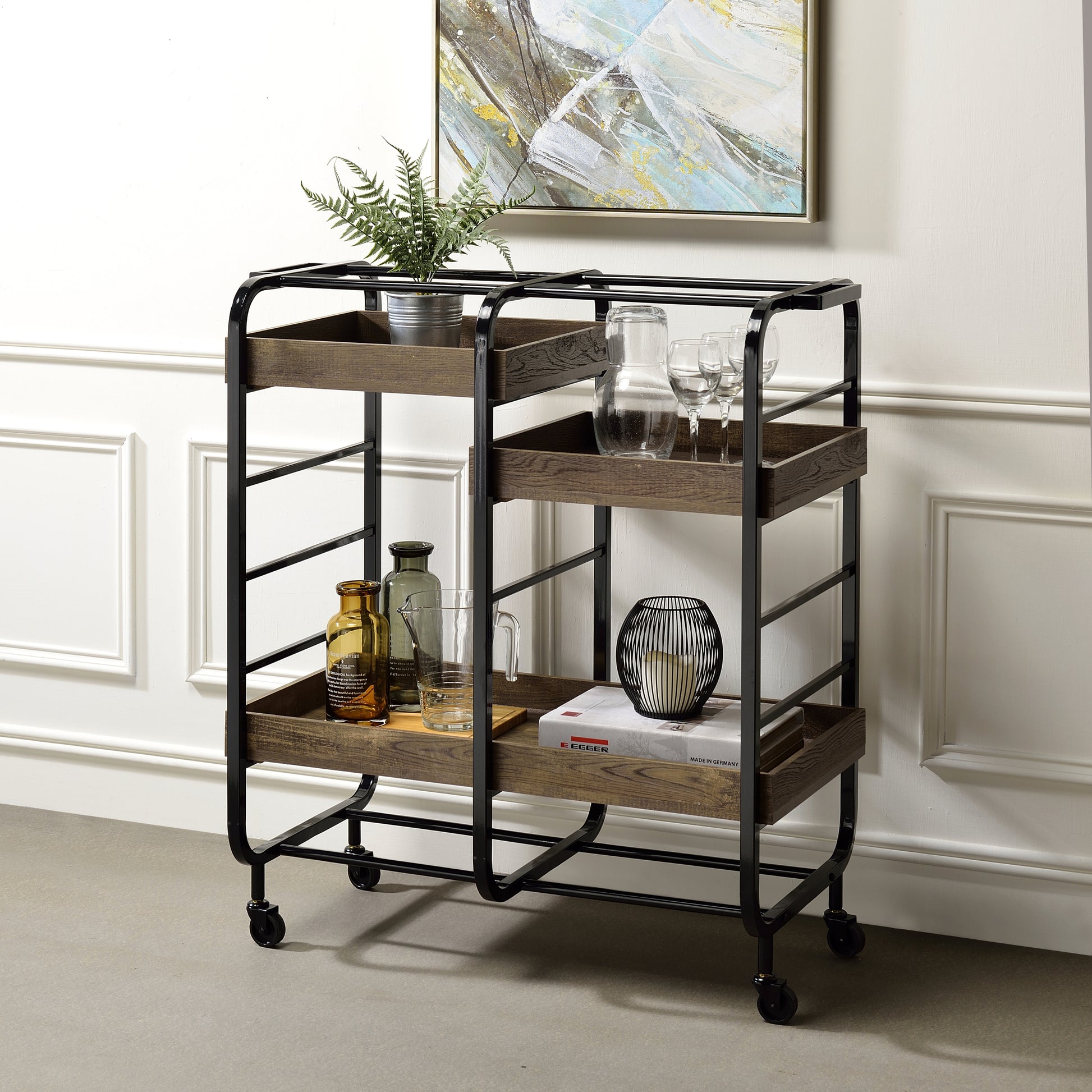 Black And Walnut Serving Cart With 3 Adjustable Trays Black Brown Dining Room Contemporary Rectangular Kitchen Carts Wood Metal