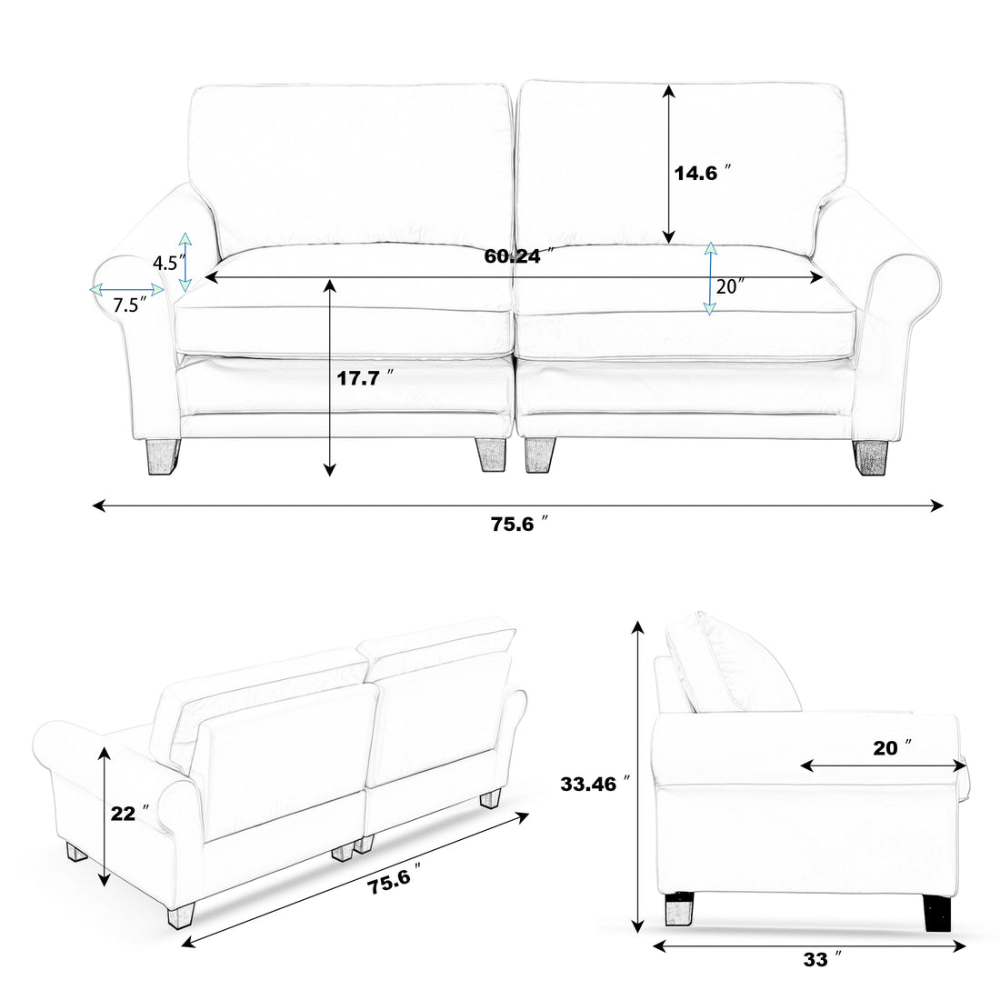 75.6" Pets Friendly Fabric Rolled Arm Upholstered Loveseat 2 Seater Couch With Removable Back Cushionmodern Couches For Small Spaces Living Room, Bedroom, Apartment, Beige White Beige Fabric