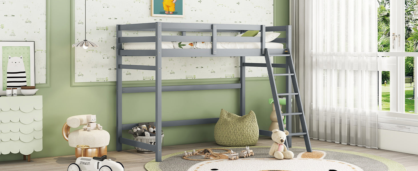 Twin Size High Loft Bed With Inclined Ladder, Guardrails,Grey Twin Grey American Design Pine