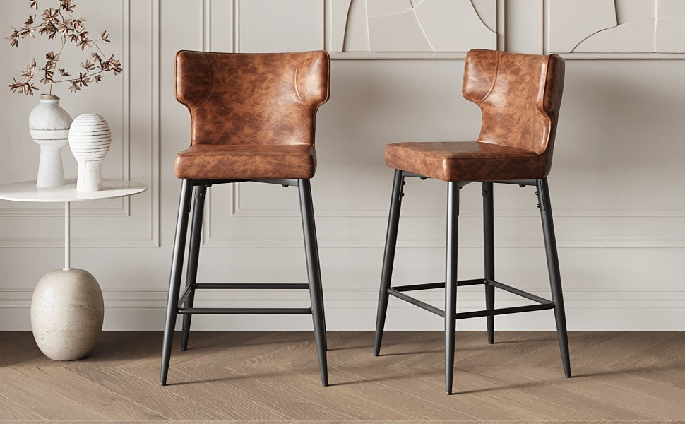 28Inch Counter Height Bar Stools Set Of 2, Modern Bar Upholstered Chairs With Pu Leather, Metal Footrest And Frame For Kitchen Island, Bar Table, Dining Room, Brown Solid Kitchen Solid Back Set Of 2