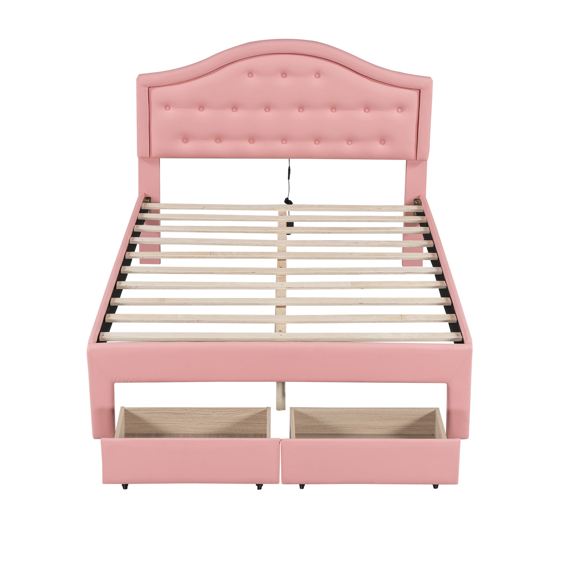 Full Size Upholstered Platform Bed With Tufted Headboard, Led And 2 Drawers, Pink Box Spring Not Required Full Pink Wood Bathroom Bed Frame Faux Leather Upholstered