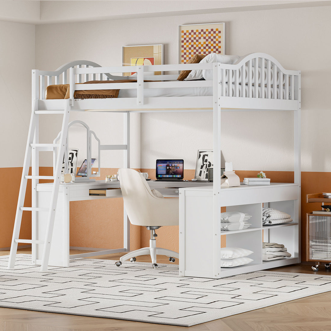 Full Wooden Loft Bed With U Shaped Desk,Storage Compartments And Tri Fold Mirror, White White Plywood,Solid Wood Mdf