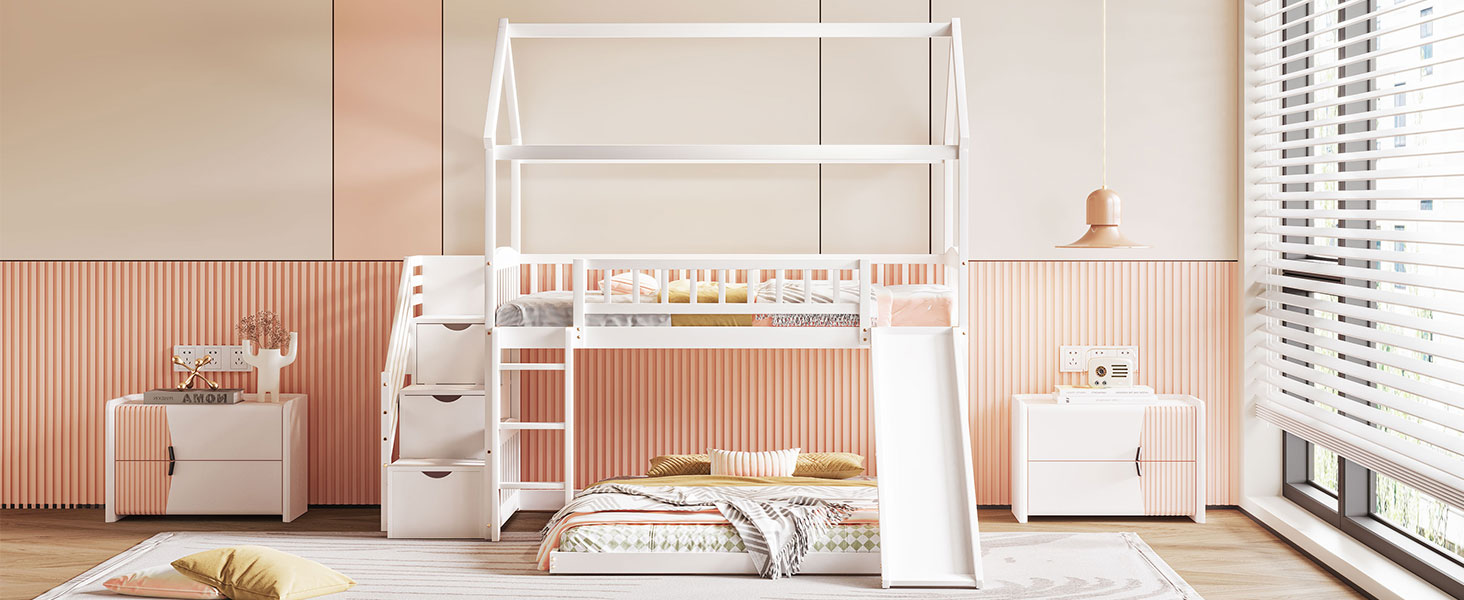 Twin Over Twin Bunk Bed With Two Drawers And Slide, House Bed With Slide, White Old Sku :Lt000129Aak White Pine