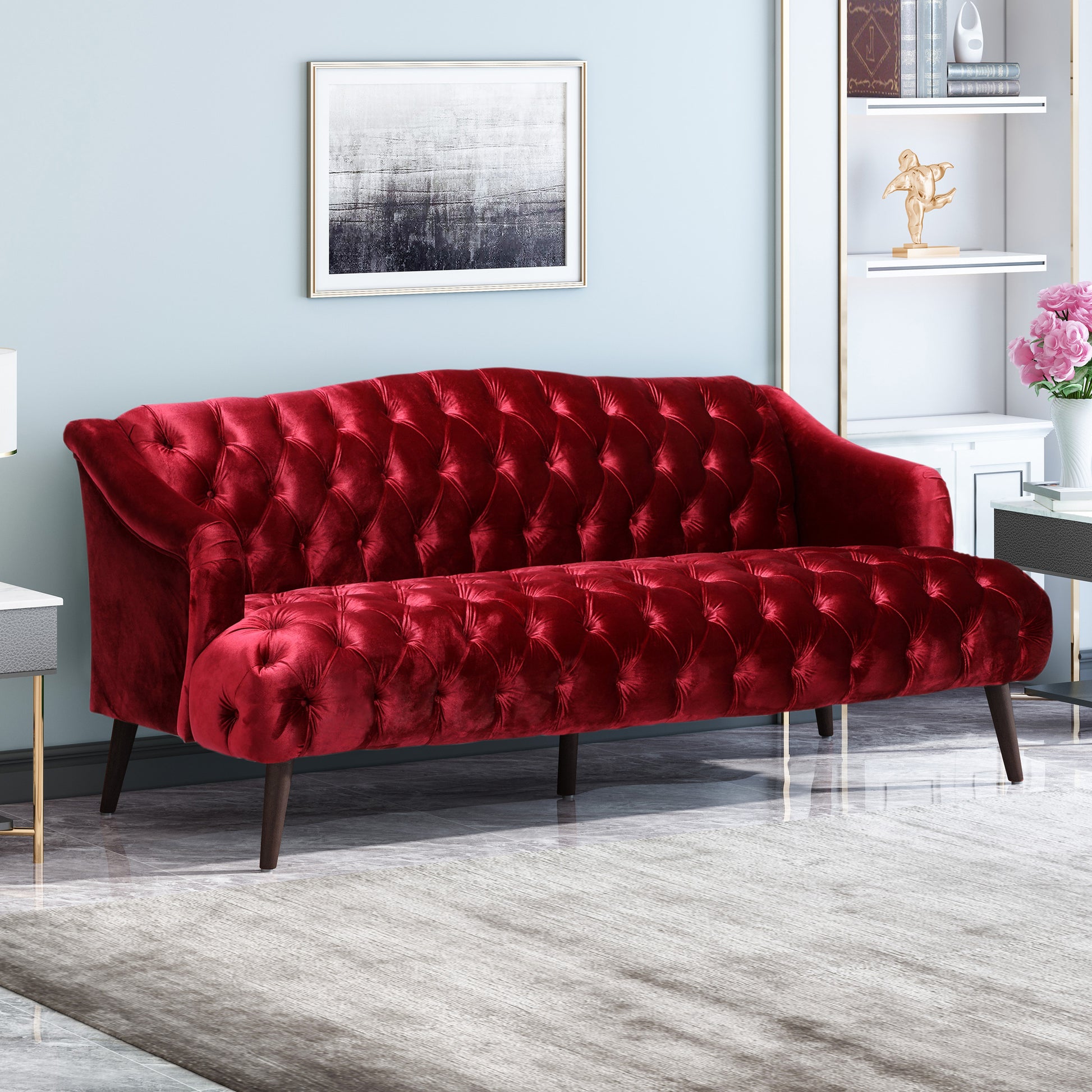 Comfy 3 Seat Sofa With Wooden Legs, Pu, For Living Room And Study Wine Red Velvet 3 Seat