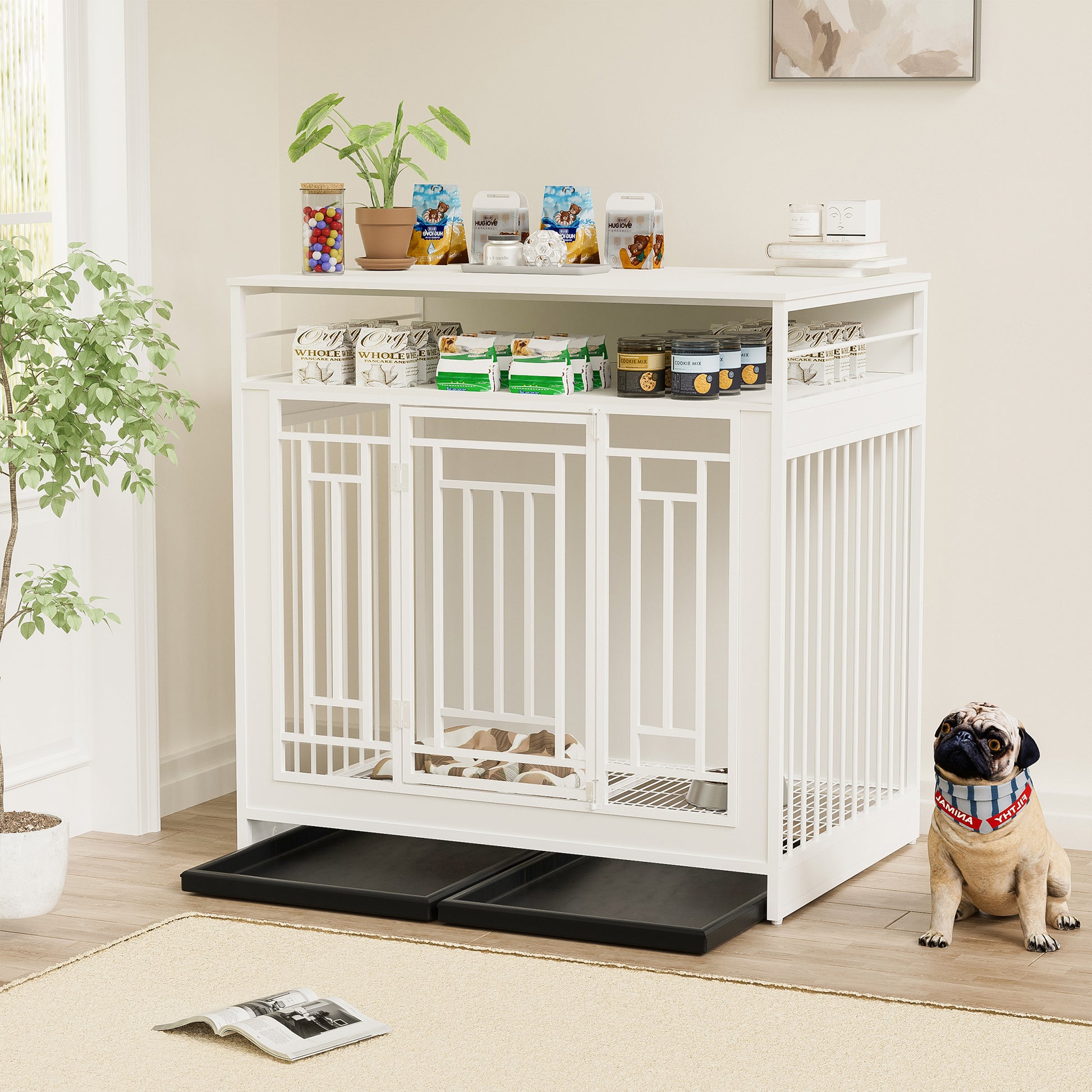 43.3 Inch Dog Crate Furniture For Large Dogs,Wooden Dog Crate With Divider,Double Door Dog Kennel With Three Drawers Storages,Heavy Duty Dogs Decorative Pet House For Large Medium Dogs ,White White
