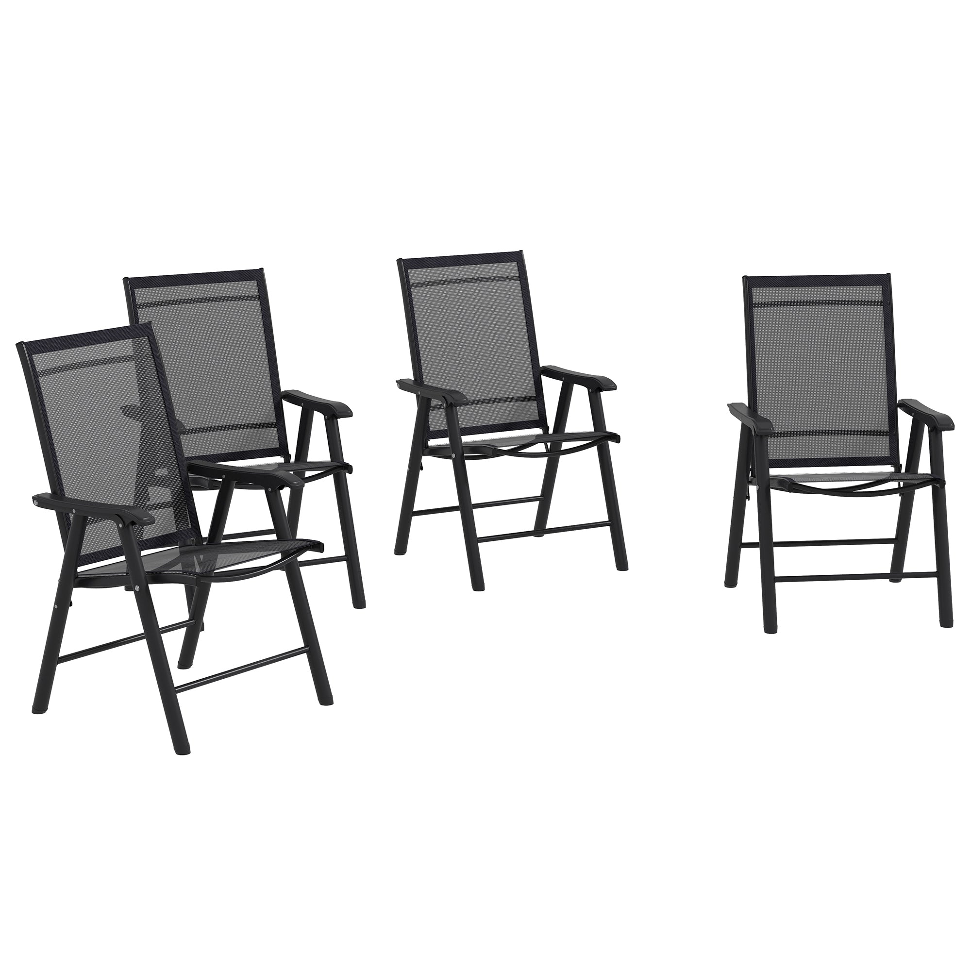 Outsunny Set Of 4 Patio Folding Chairs, Stackable Outdoor Sling Patio Dining Chairs With Armrests For Lawn, Camping, Dining, Beach, Metal Frame, No Assembly, Black Black Steel