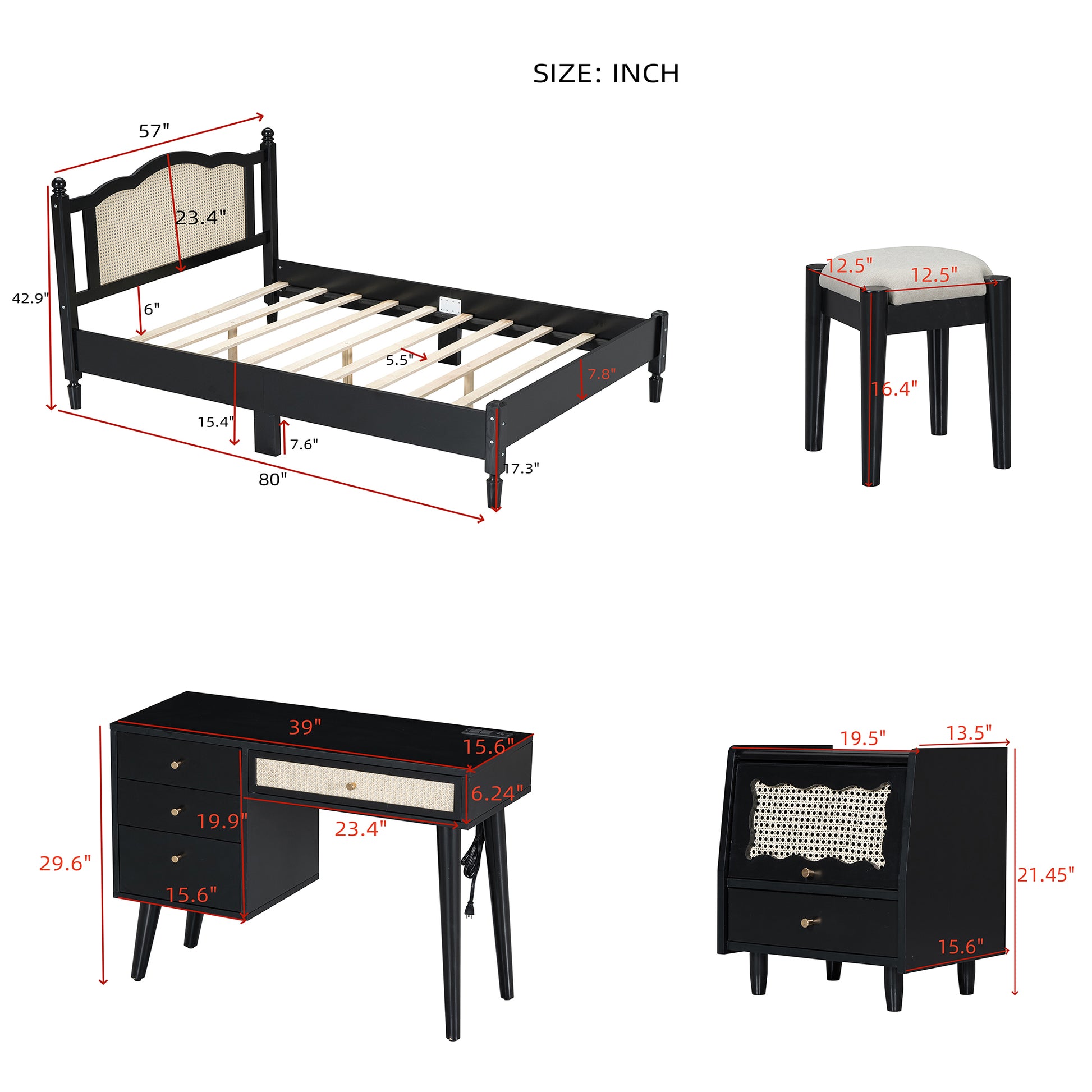 3 Pieces Bedroom Set With Full Size Wooden Bed Frame, 1 Vintage Nightstand And 1 Makeup Vanity Set With Stool,Black Expected Arrival Time: 08.23 Full Black 3 Piece Set Wood