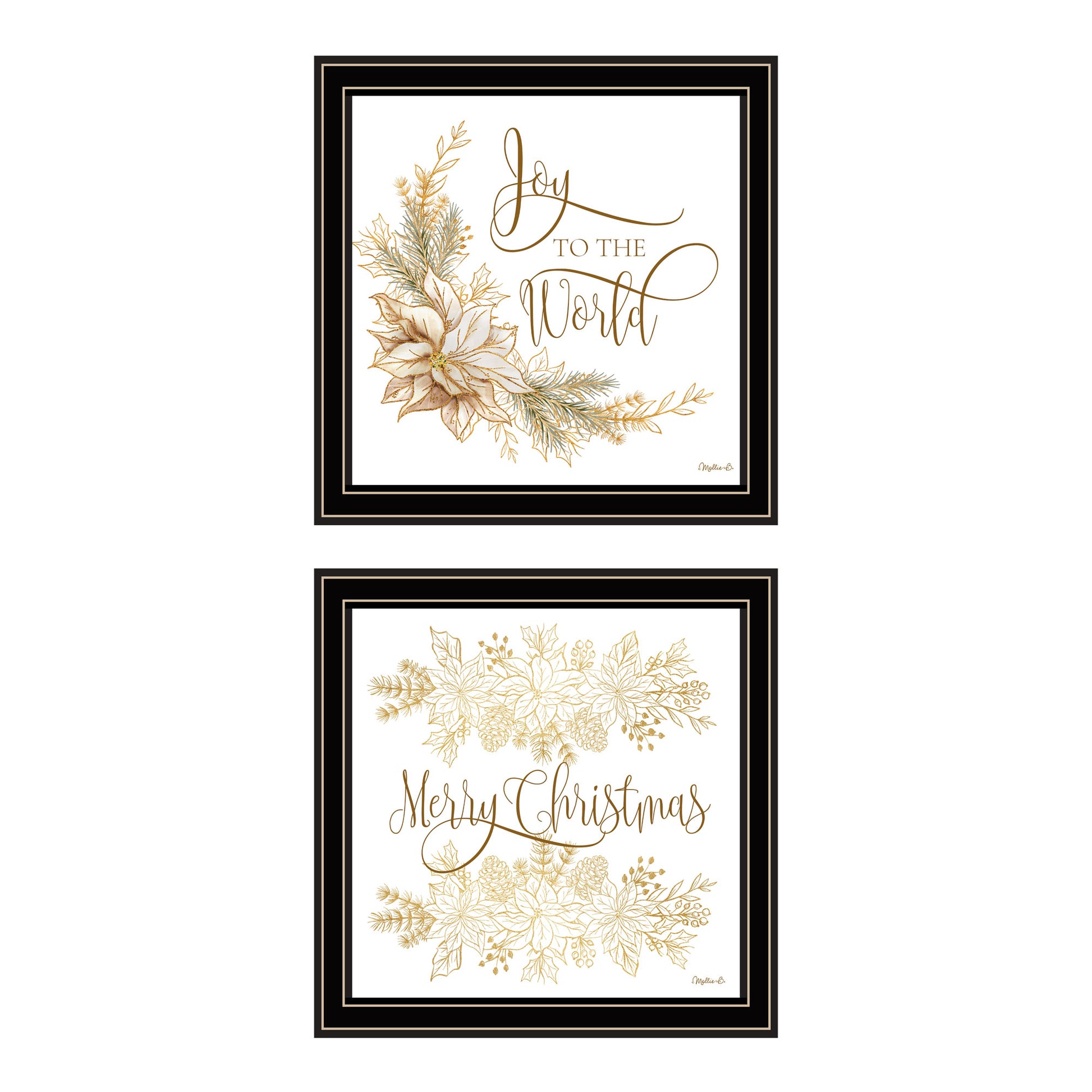 2 Piece Vignette Golden Merry Christmas Black Framed Wall Art For Living Room, Bedroom Wall Art Print For Home Decor By Mollie B Multicolor Wood Paper