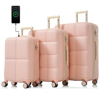 Luggage Set Of 3, 20 Inch With Usb Port, Airline Certified Carry On Luggage With Cup Holder, Abs Hard Shell Luggage With Spinner Wheels, Pink Pink Abs