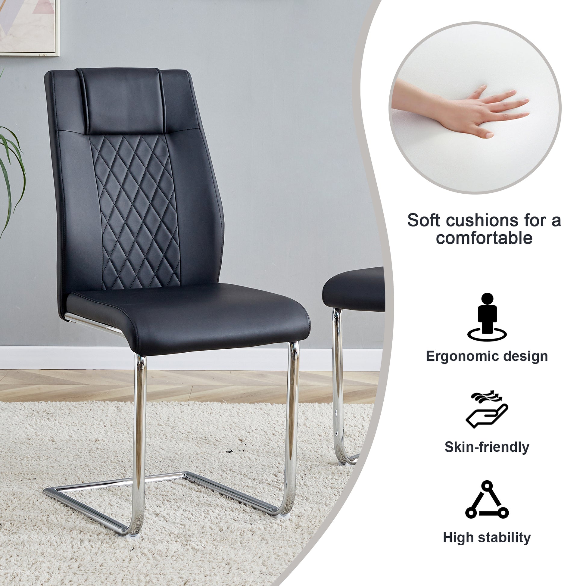 Table And Chair Set. Large Modern Rectangular Table With White Textured Top And Silver Metal Legs. Soft And Comfortable Pu Seats, Faux Leather Upholstered Seats And Sturdy Metal Legs. White Black Mdf Metal
