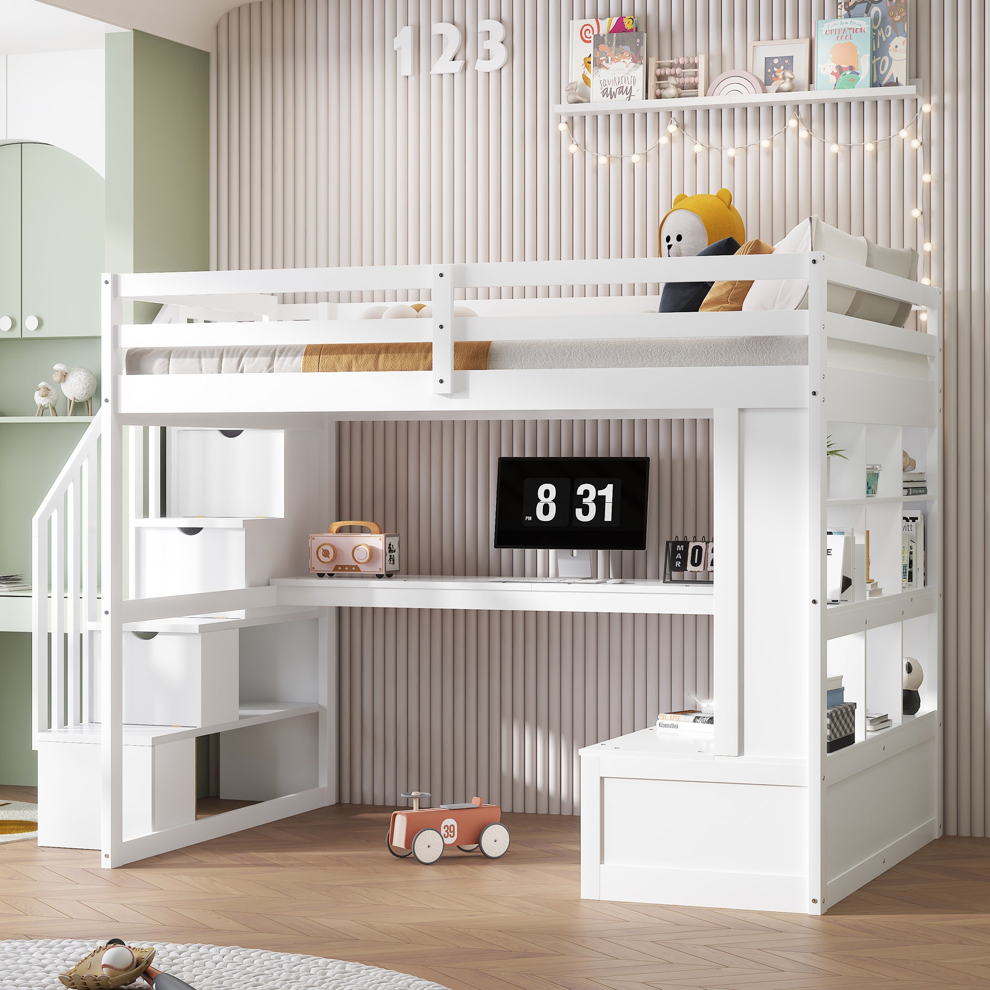 Full Size Loft Bed With Desk And Shelves, Two Built In Drawers, Storage Staircase, White Full White Plywood,Solid Wood Mdf