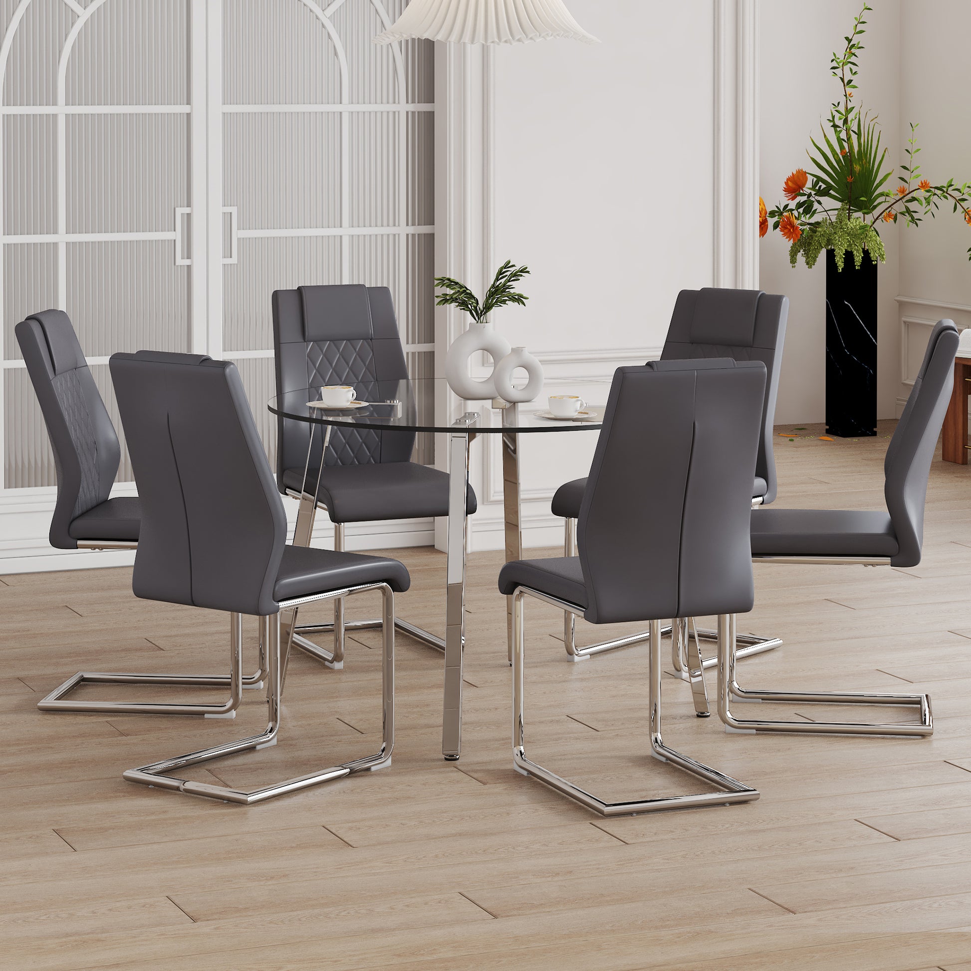 Table And Chair Set.A Modern Minimalist Style Round Clear Tempered Glass Table With Silver Metal Legs.And 6 Dark Gray Chairs With Modern Pu Leather High Back Upholstered And C Tube Chrome Legs. Dark Gray,Silver Seats 6 Glass Metal