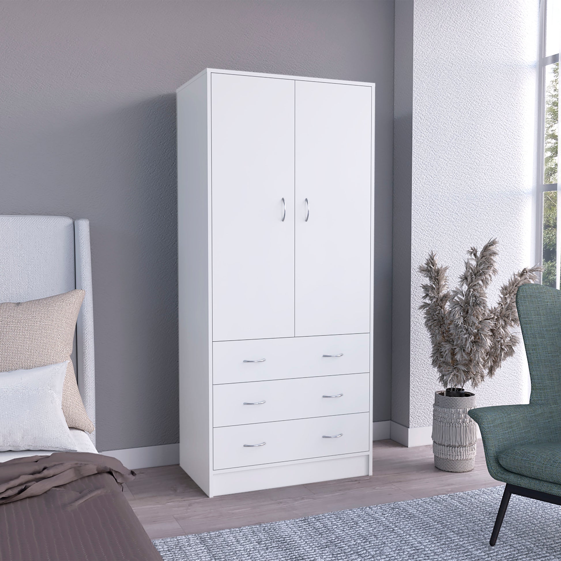 Taly Double Door Armoire White White Bedroom Modern Particle Board