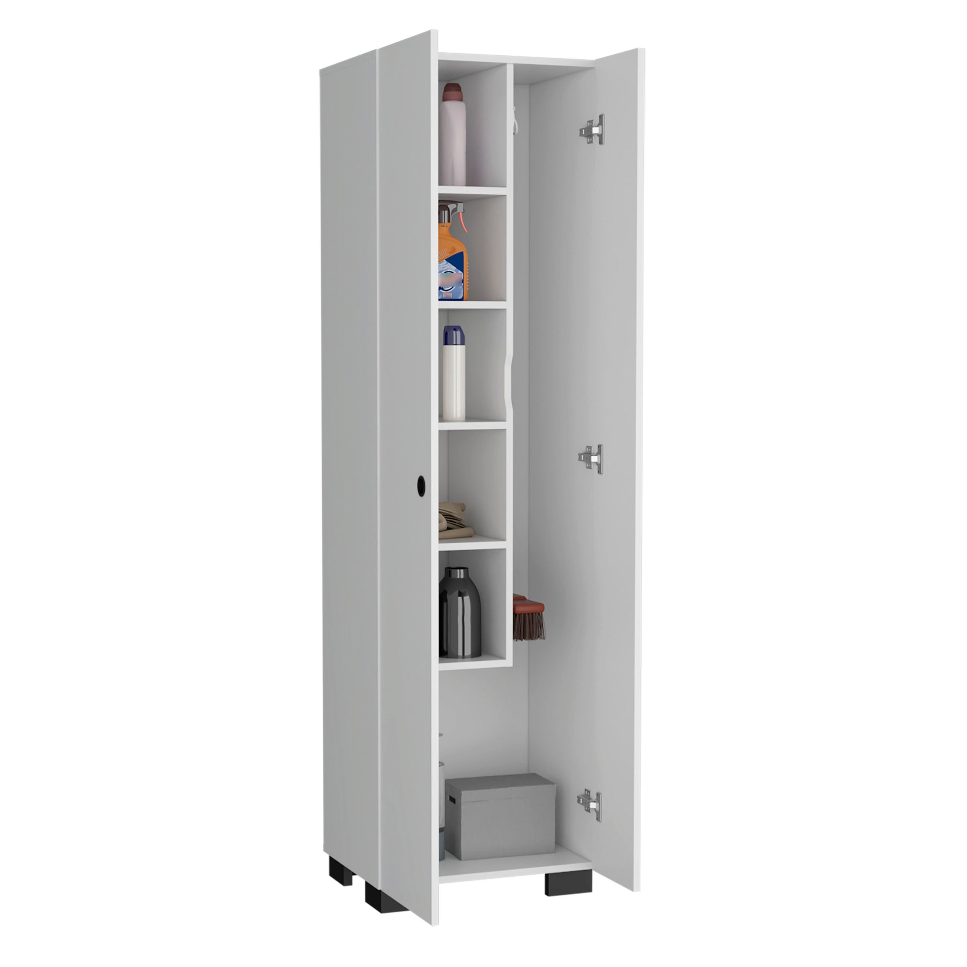 Lake Broom Cabinet Slim Design Storage Solution With Inner Shelves And Side Broom Hangers White White Particle Board