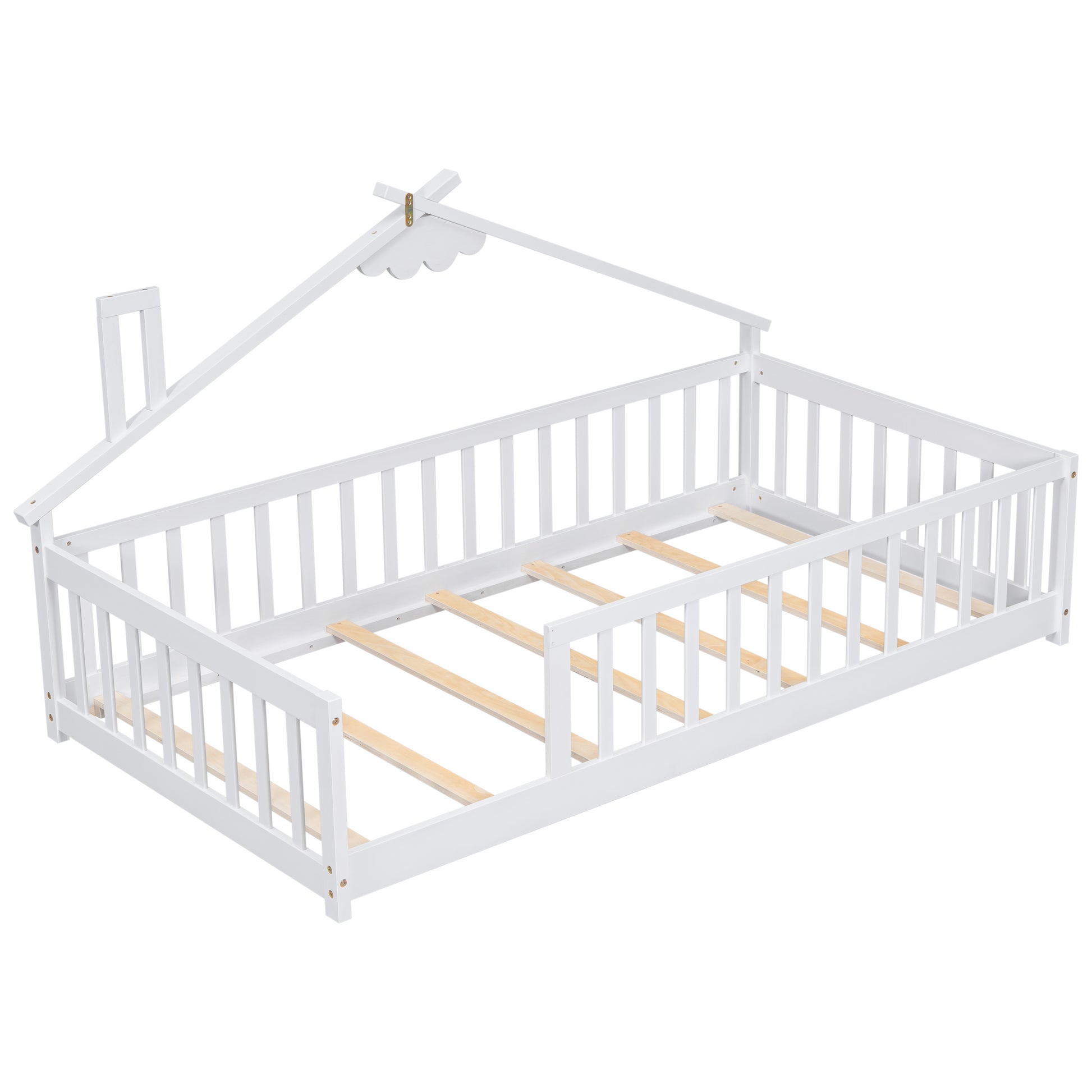 Twin House Shaped Bedside Floor Bed With Guardrails, Slats, Without Door,White Twin White American Design Pine