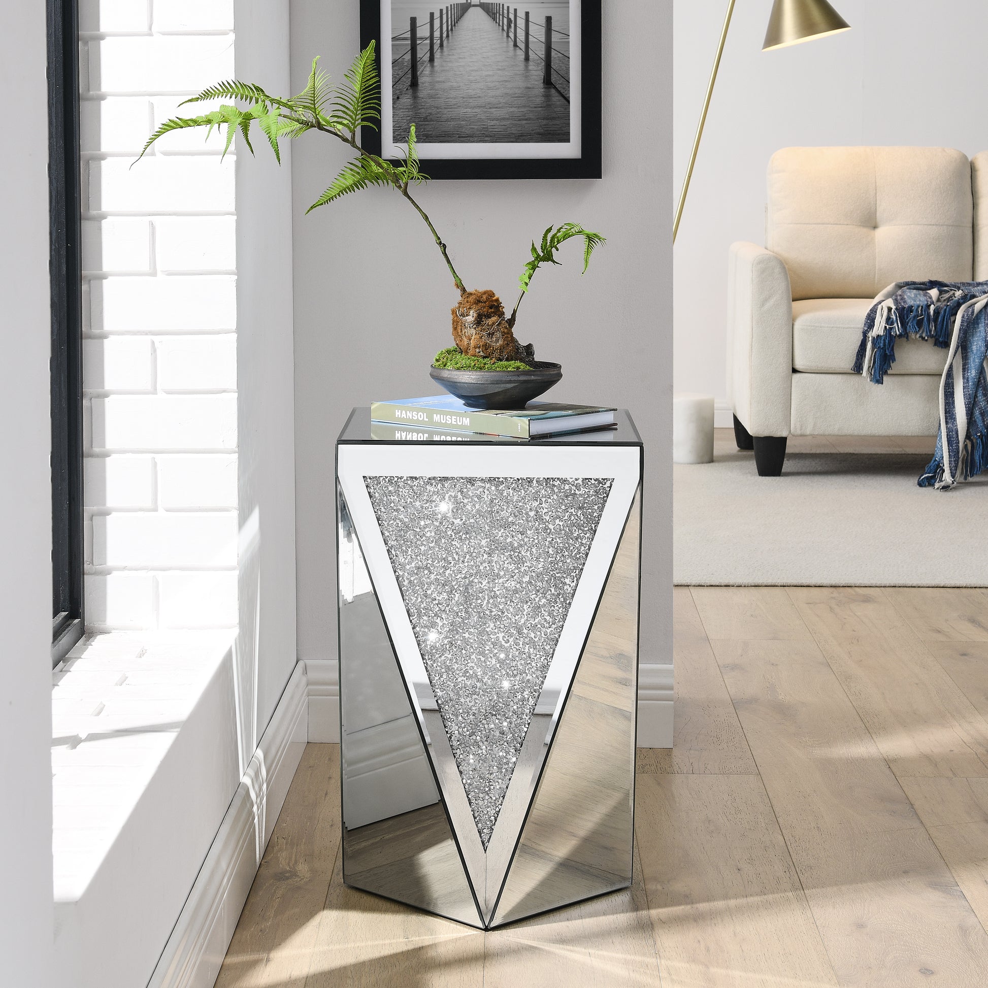 Inverted Triangular Mirror Square Table, Crystal Diamond Inlaid Coffee Table, Silver Glass Side Table Suitable For Corridors, Living Rooms, Corners, Bedrooms, Sofas Silver Mirrored Finish Desk And Chair Set Primary Living Space American Design