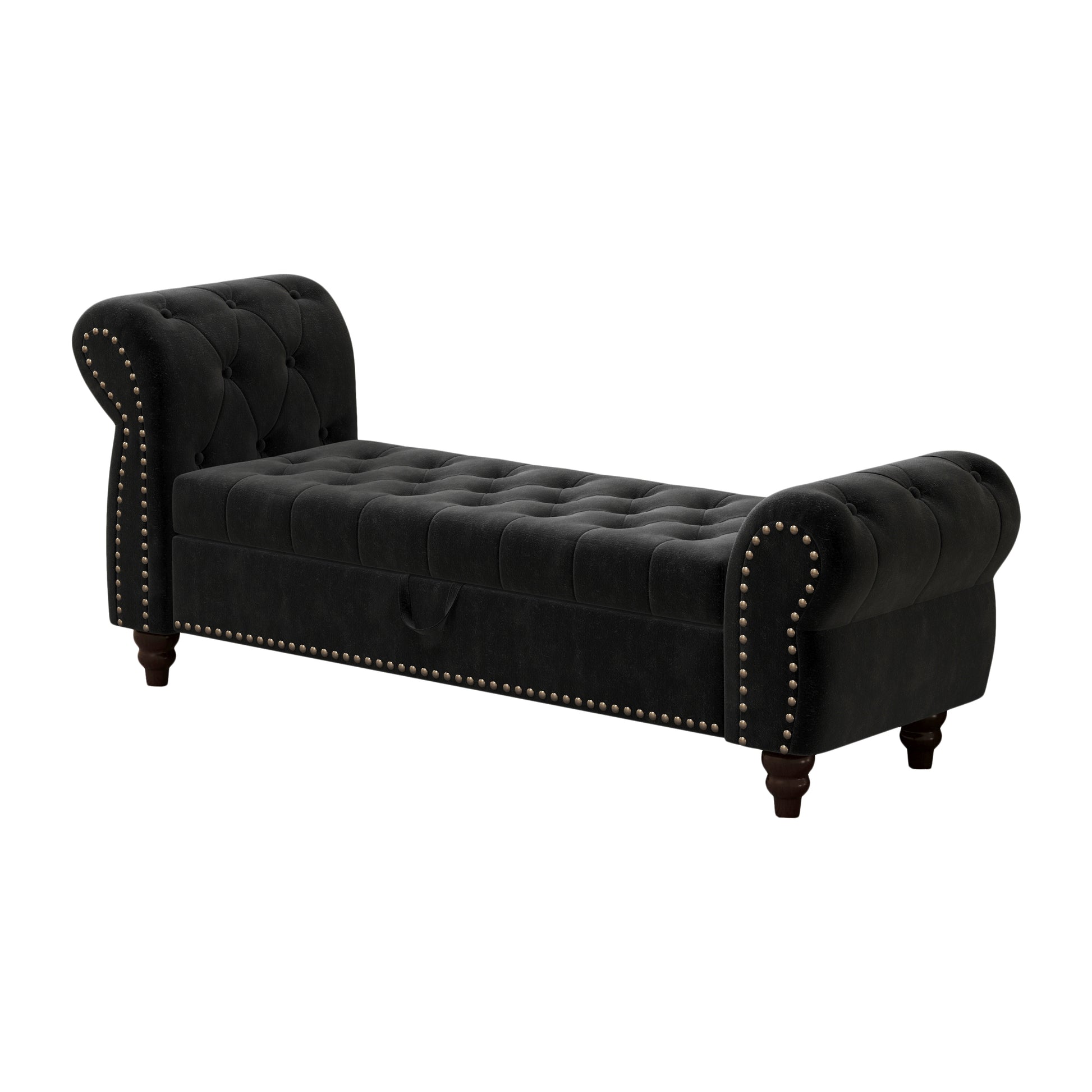 64.5" Bed Bench For Bed Room Nails Tufted Chaise Of Lounge With Storage Velvet Upholstery Black Black Bedroom Foam Velvet