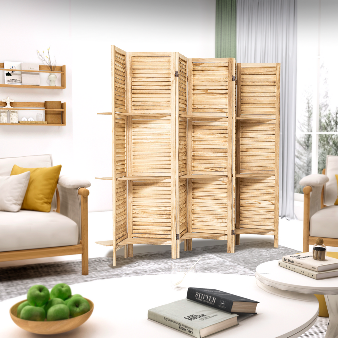 Room Divider 6 Panel, Wood Folding Room Divider Screen, Room Divider With Shelves And Easy Move Partition, Freestanding Room Screen Divider With Display Shelves Natural Color Natural Wood Rustic Wood