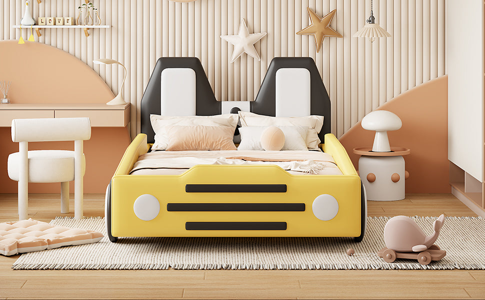 Twin Size Race Car Shaped Platform Bed With Wheels,Yellow Yellow Pu Leather