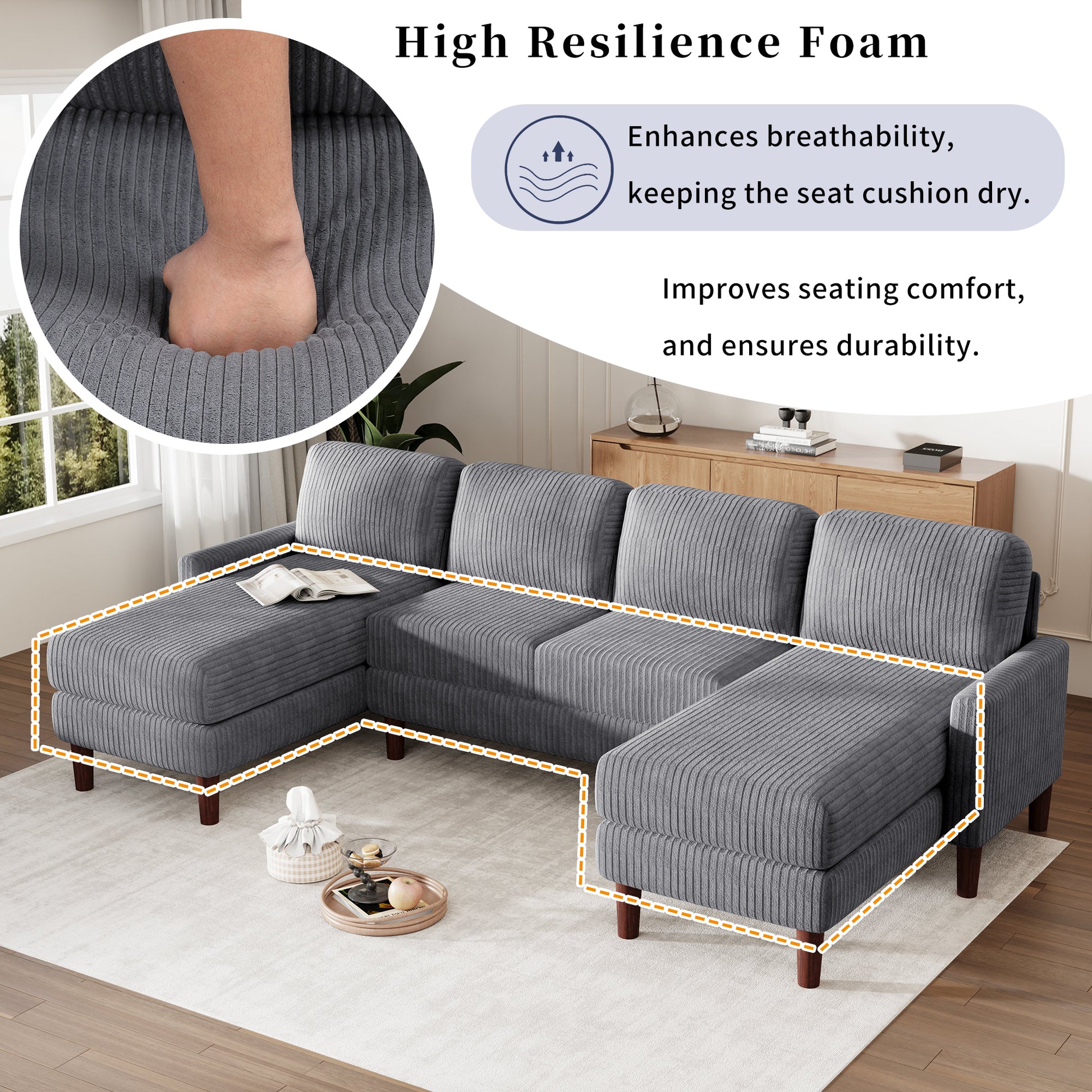 U Shaped Sponge Filled Cushion Combination Sofa, Suitable For Living Rooms, Studies, And Spacious Spaces Gray Polyester 4 Seat