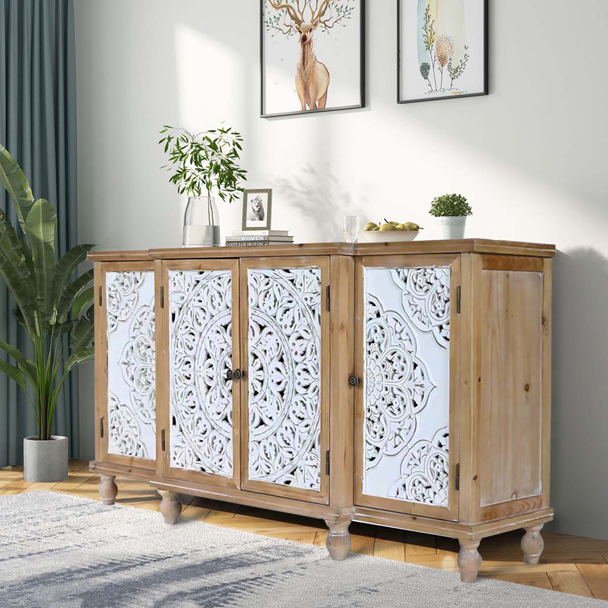 4 Door Hollow Carved Accent Cabinet, Distressed Wood Storage Cabinet Cupboard With Adjustable Shelves,Unique Design For Kitchen, Dining Room, Living Room, Entryway, Natural Wood Natural Wood Bedroom Fir Mdf