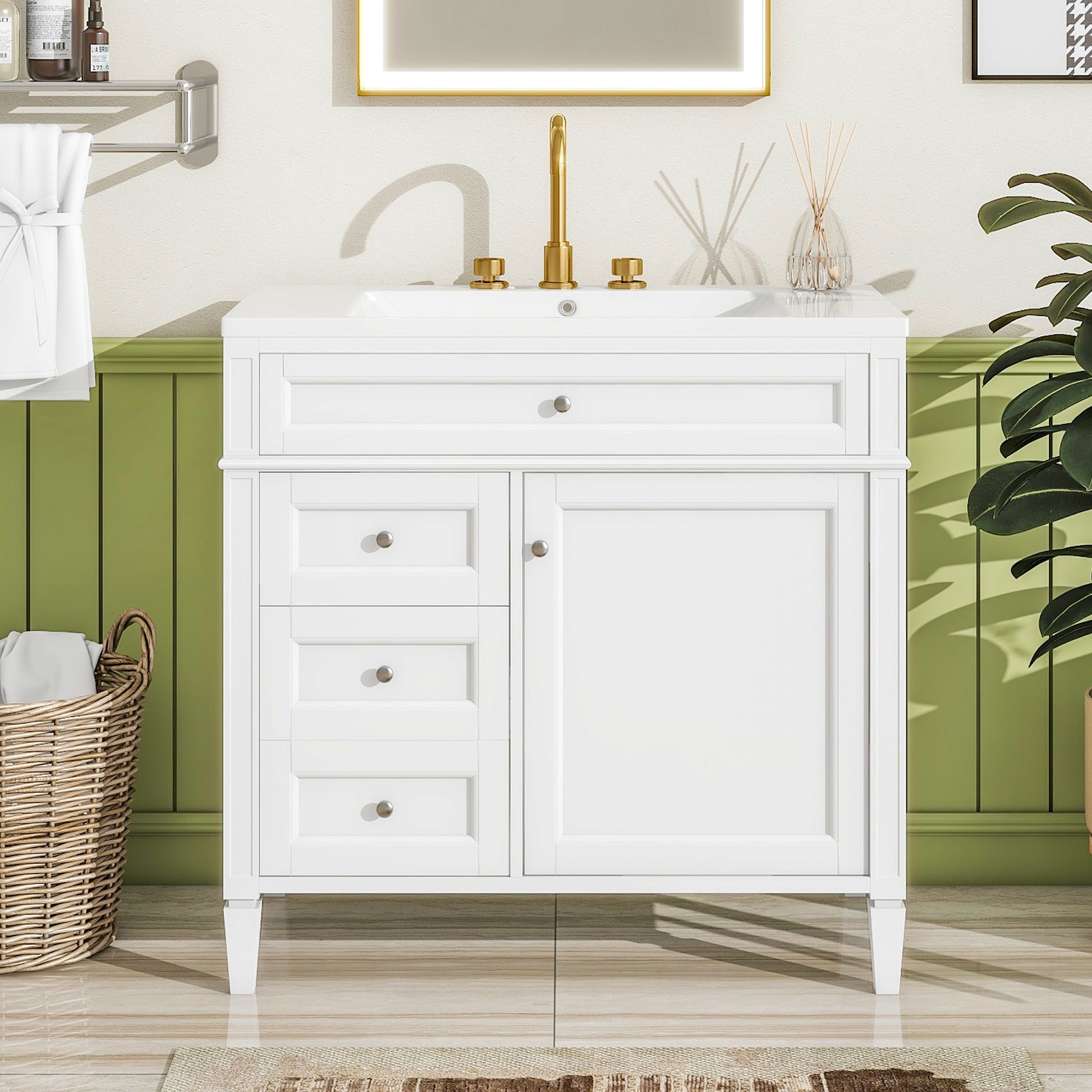 36'' Bathroom Vanity With Top Sink, Modern Bathroom Storage Cabinet With 2 Drawers And A Tip Out Drawer, Single Sink Bathroom Vanity White Bathroom Solid Wood Mdf Ceramic,Solid Wood Mdf