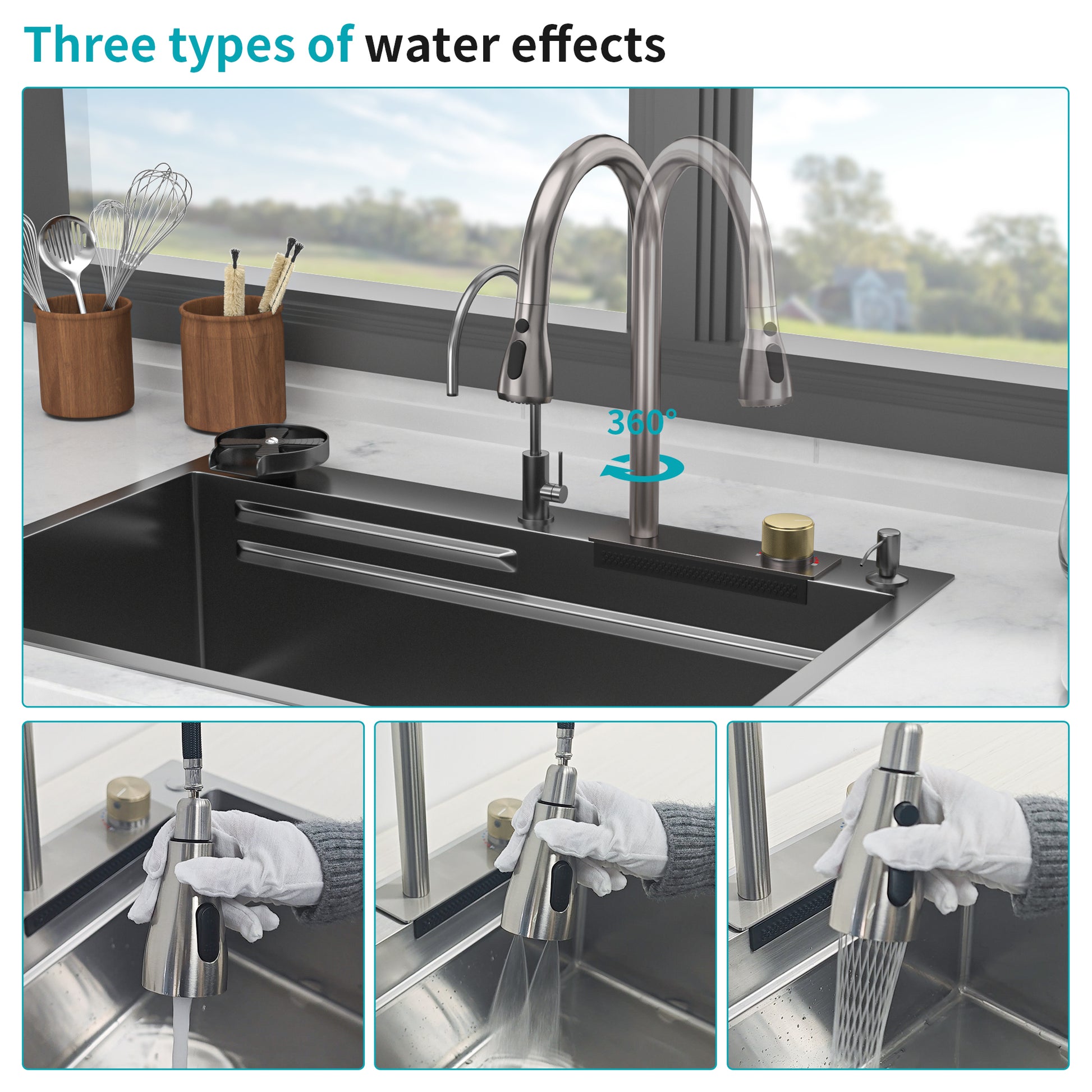 Gunmetal Black Drop In Waterfall Kitchen Sink 33*22 Inch Single Bowl 16 Gauge Stainless Steel Ledge Workstation Kitchen Sinks With Pull Out Faucet & Cup Washer Gunmetal Black Stainless Steel