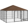 Pawhut Outside Dog Kennel, 6.9' X 6.9' X 5' Puppy Play Pen With Canopy, Garden Playpen Fence Crate Enclosure Cage Rotating Bowl, Coffee Coffee Metal