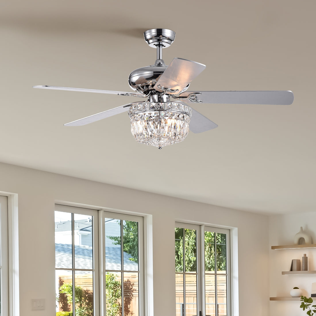 52 Inch Crystal Chandelier Fan Dual Finish Reversible Blades, Fandelier,Ceiling Fan With Remote Control 3 Speed Low,Mid,High For Living Room, Dining Room, Bedroom, Family Room, Chrome Chrome American Traditional,Antique,Classic,Contemporary Crystal Metal