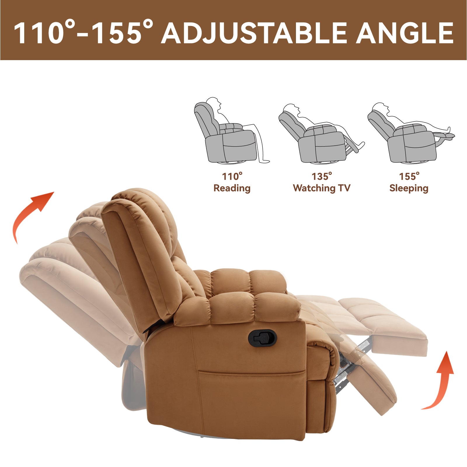 Manual Recliner Chair With Rocker And Swivel In Fabric For Living Room, Beige Beige Polyester Manual Handle Metal Primary Living Space Medium Firm Cushion Back Heavy Duty American Design Pine Pillow Top Arms Fiber Foam And Polyester Fiber Pad Fabric