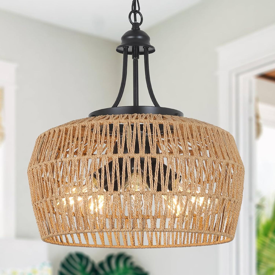 Large Farmhouse Chandeliers For Dining Room, 5 Light Rattan Boho Chandelier Light Fixture With Wicker Lampshade, Coastal Hanging Pendant Lighting For Kitchen Island Bedroom Living Room Nursery Brown Rattan Metal